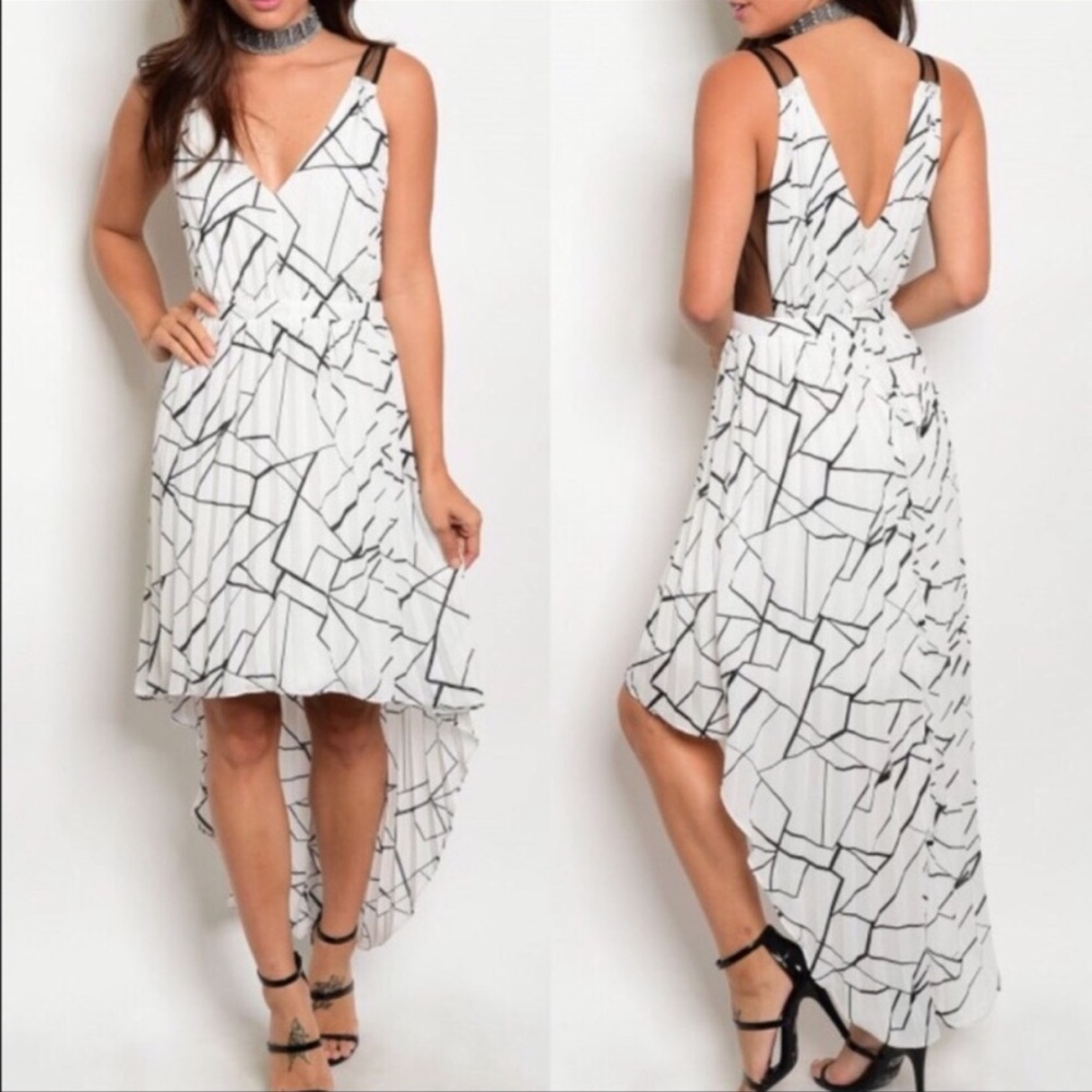 Black and white pleated high low dress